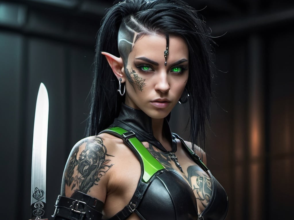 Prompt: Fierce cyberpunk female elf, long ears, piercings, Nordic tattoos, mixed-race skin, green eyes, mid-length punk black hair, katana on the back, dark cyber ninja armor, high quality, cyberpunk, futuristic, detailed facial features, dark tones, cybernetic enhancements, intense gaze, edgy, professional lighting