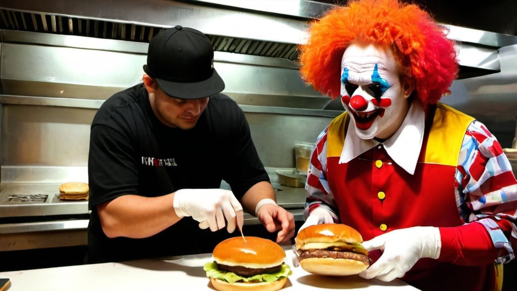 Prompt: a clown making burger in resturant
the clown is also a rapper