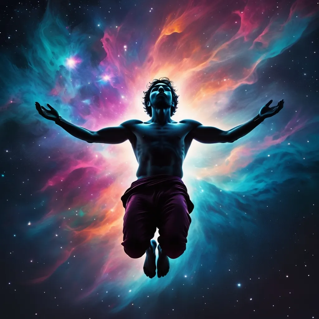 Prompt: Silhouette of a mystic man, flying through cosmos in shavasana position, cinematic, understated style, cosmic colors, highres, detailed, atmospheric, serene