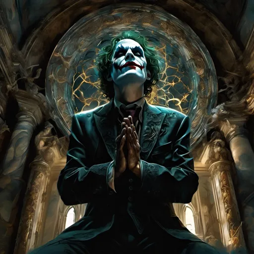 Prompt: a man dressed in a suit and tie sitting in a room with a circular window and a painting of the joker, Dirk Crabeth, gothic art, sinister, poster art