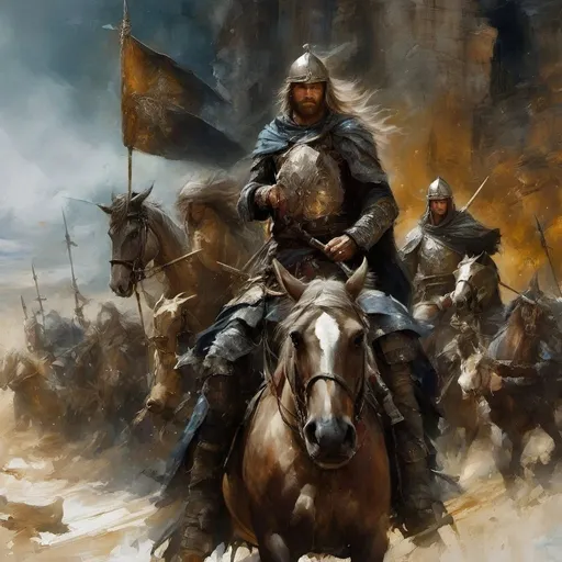 Prompt: a painting of a man riding a horse with a bunch of men on it and a flag in the background, Bayard Wu, fantasy art, epic fantasy character art, a detailed painting