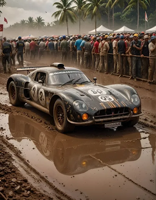 Prompt: 24 hours of Le Mans 1923 year, stormy night, 3 cars on the  finish, heavy mud splashes on the  spectators near road, majestic, outcrop, mysterious, fantasy, intricate details, cinematic motion, epic 