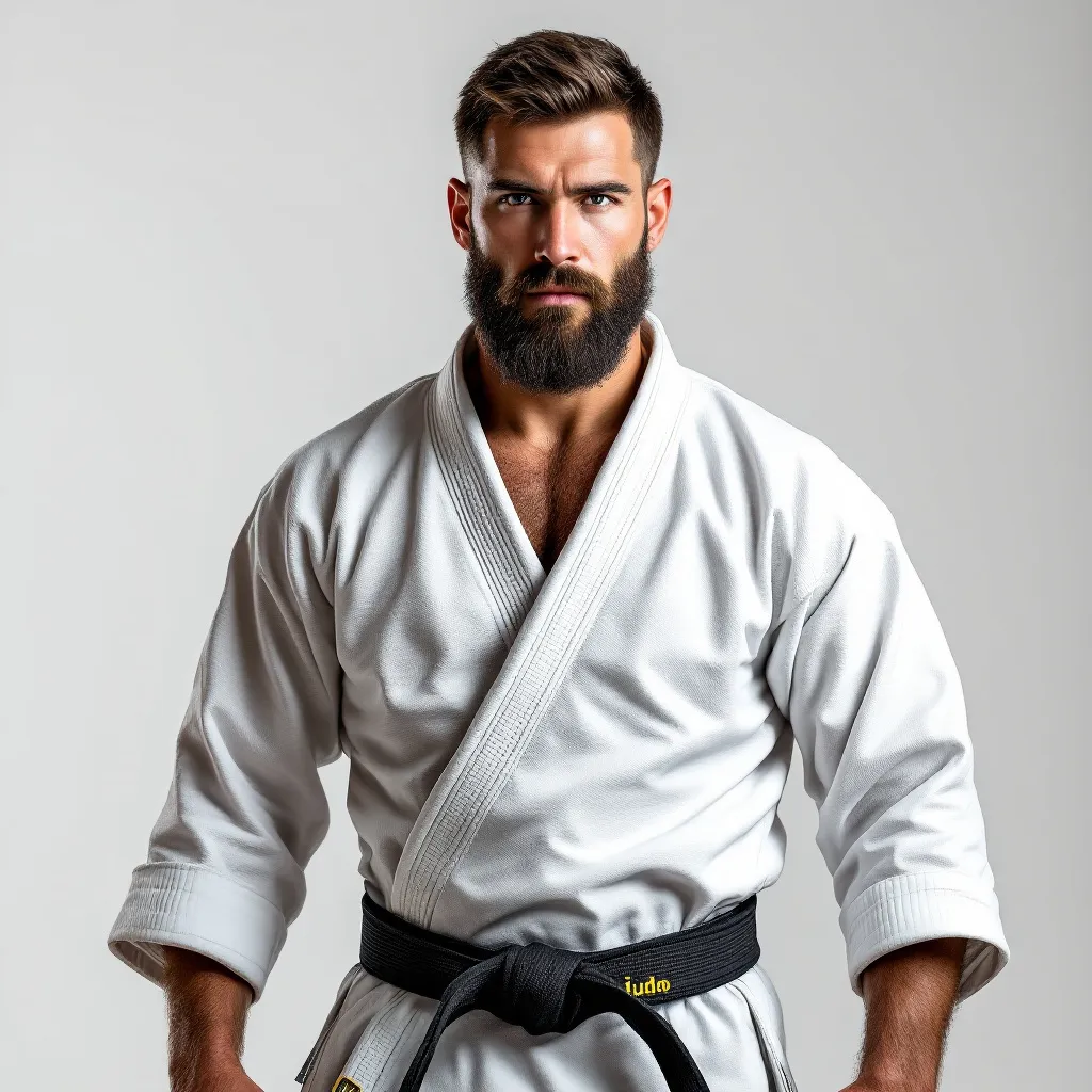 Prompt: Dressed in a traditional white judo gi with a black belt cinched around his waist, a man stands confidently with his arms crossed, exuding a sense of strength and determination. His beard frames a focused expression, indicating both intensity and poise, as he faces the camera against a plain white backdrop that emphasizes his presence. The composition highlights his athletic build, accentuated by the crisp lines of the gi and the detailing on the black belt, which features his name in bold yellow lettering. The lighting is soft and even, creating a professional portrait style that underscores the discipline and dedication inherent in martial arts, conveying a narrative of resilience and commitment.