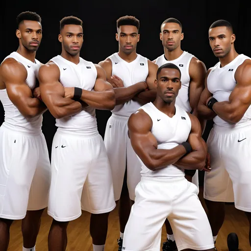 Prompt: A team of hot and muscular black basketball players with there biceps bulging out of their White compression T-shirts 