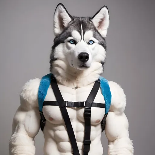 Prompt: A furry in a furry suit with abs, biceps, wearing a husky harness and straps