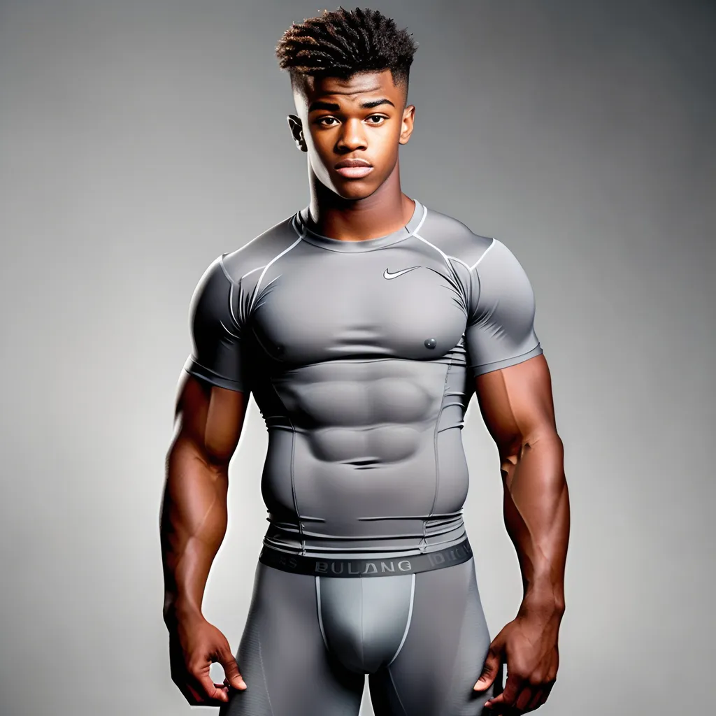 Prompt: A muscular 19 year old football with his arms bulging out and his abs are showing through his gray compression T-shirt. And his hot compression pants are showing what he's packing 