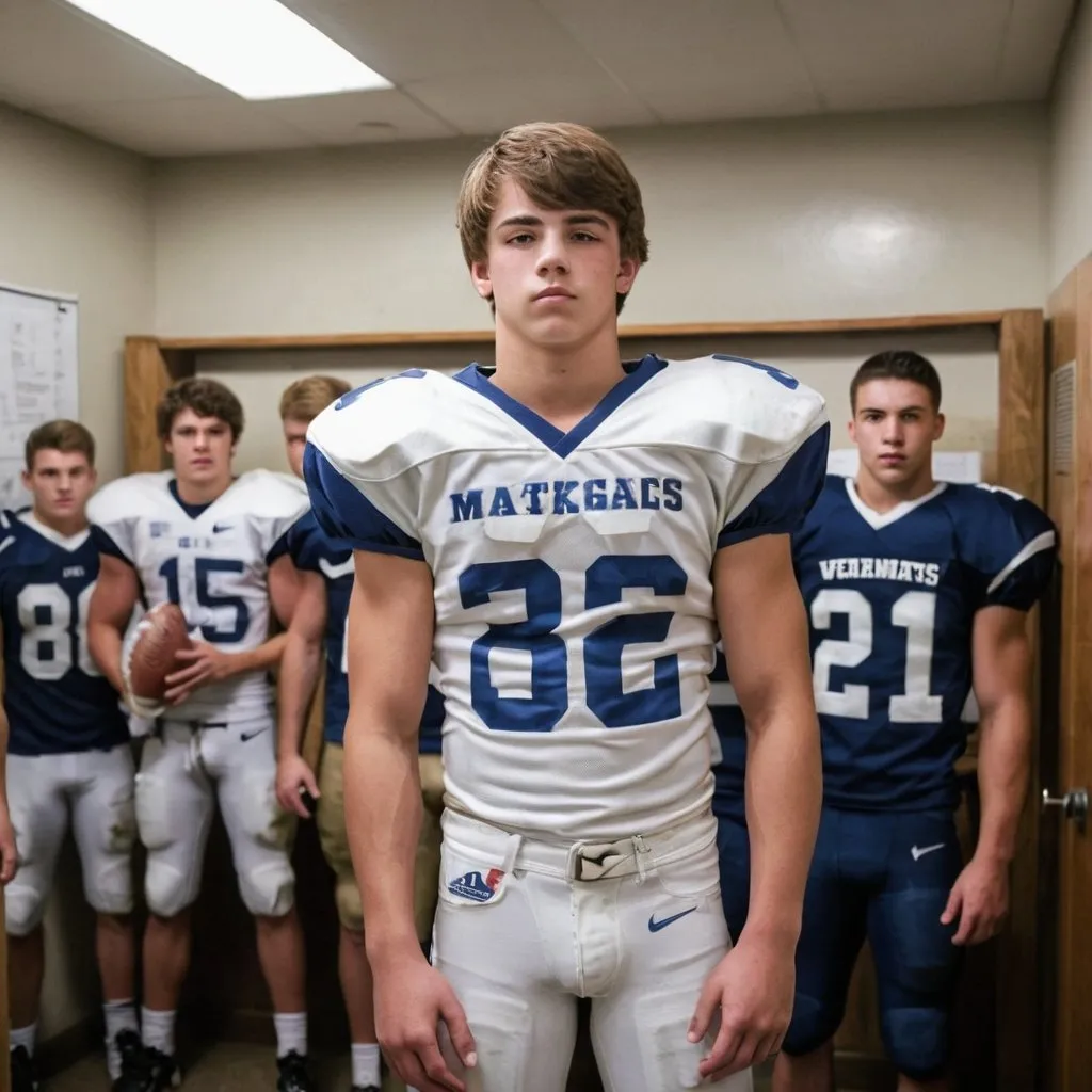 Prompt: A hot muscular 15 year old football player is in the lock room with his teammates 