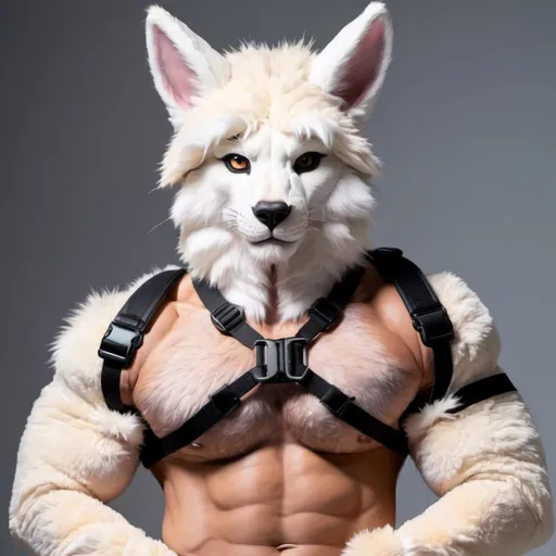 Prompt: A furry in a furry suit showing his abs, biceps, and legs, wearing a harness and straps