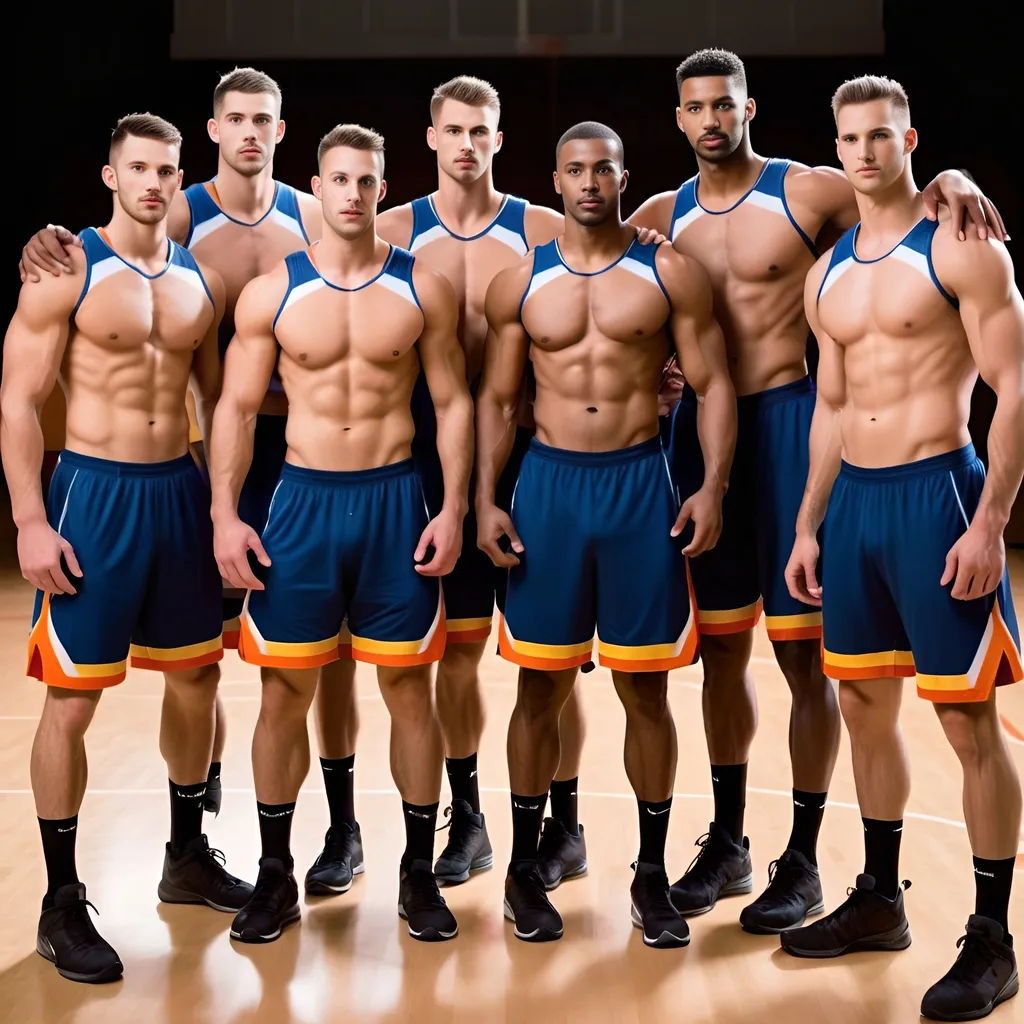 Prompt: A team of hot and muscular gay basketball players while only wearing compression shorts