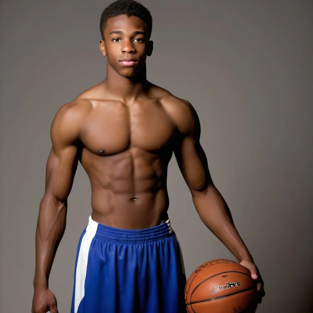 Prompt: A hot black muscular 16 year old basketball player with his shirt off 