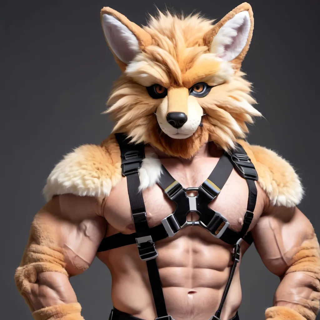 Prompt: A furry in a furry suit with abs, biceps, and legs, wearing a harness and straps