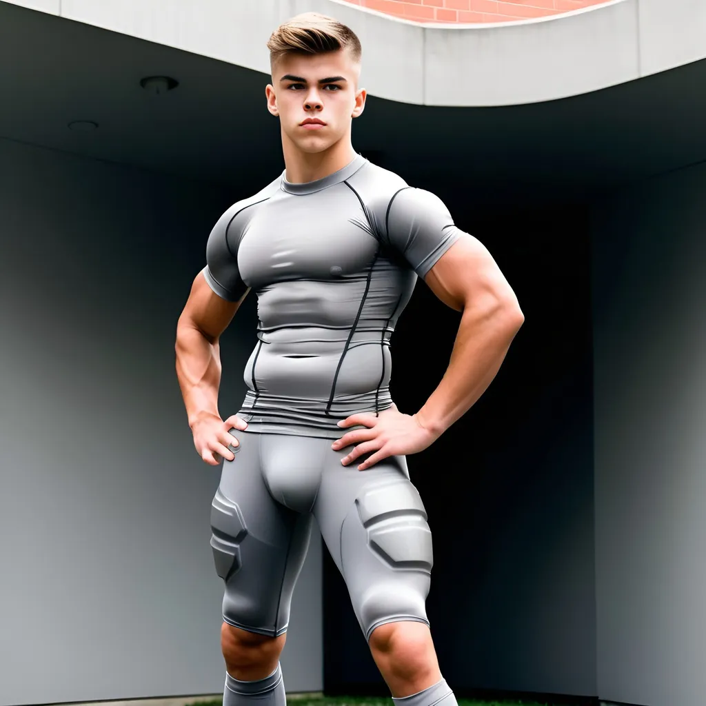 Prompt: A muscular 19 year old football with his arms bulging out and his abs are showing through his gray compression T-shirt. And his legs are showing 