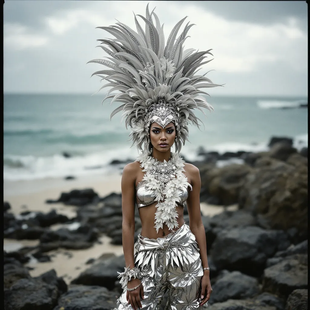 Prompt: Silver Hawaiian pantsuit with large headdress

