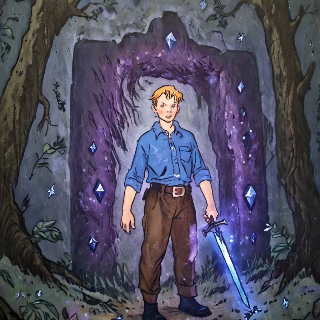 Prompt: Hyper realistic, photo realistic, 1980s film, 1980s dark fantasy, old camera film, 80s styled Hollywood, gothic, dark fantasy, film grain, outdoors in a dark dim lit forest,  night, waist up close up, man in blue shirt brown pants holding a blue slightly dim glowing sword made of diamonds enchanted with runes engraved. Standing in front of a dark purple portal with particles coming from it. Film grain grainy picture. Purple square portal encased with black blocks in the background