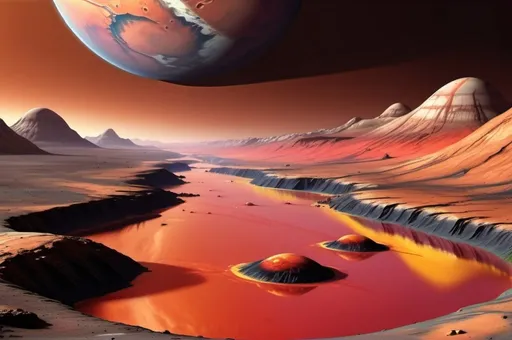 Prompt: hyper realistic mars landscape, Olympus Mons, river, vibrant acid like colours