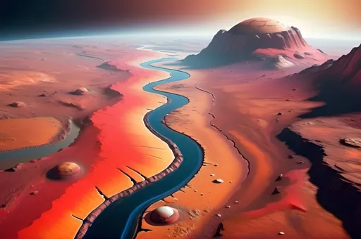 Prompt: hyper realistic mars landscape, Olympus Mons, river, vibrant acid like colours