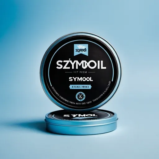 Prompt: A snus package with a phrase SZYMOOL. It looks like a premium in light blue and black colour