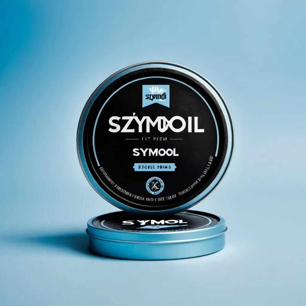 Prompt: A snus package with a phrase SZYMOOL. It looks like a premium in light blue and black colour