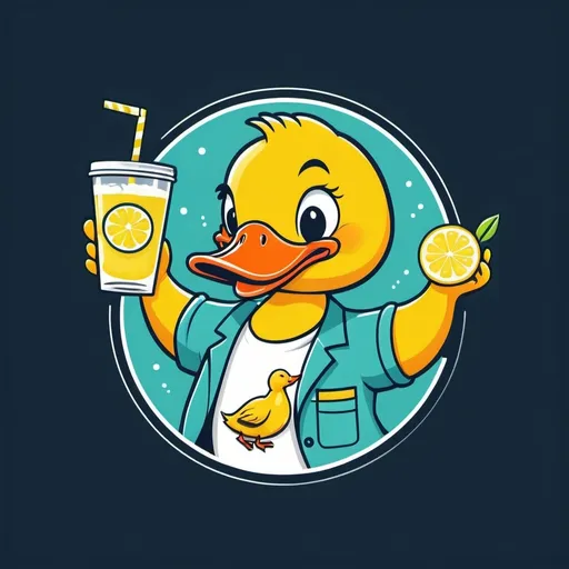 Prompt: a logo that includes a line drawing of a playful happy duck holding a lemonade beverage with  extra salt shaker and a and a lemon wedge next to the duck

