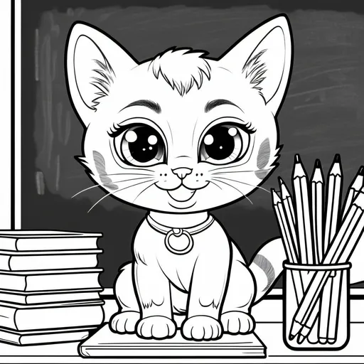 Prompt: an energetic kauwaii kitten with a large head with large eyes smiling and in class at school with desk and chalkboard behind him 
 should be coloring page for ages 6-10 children