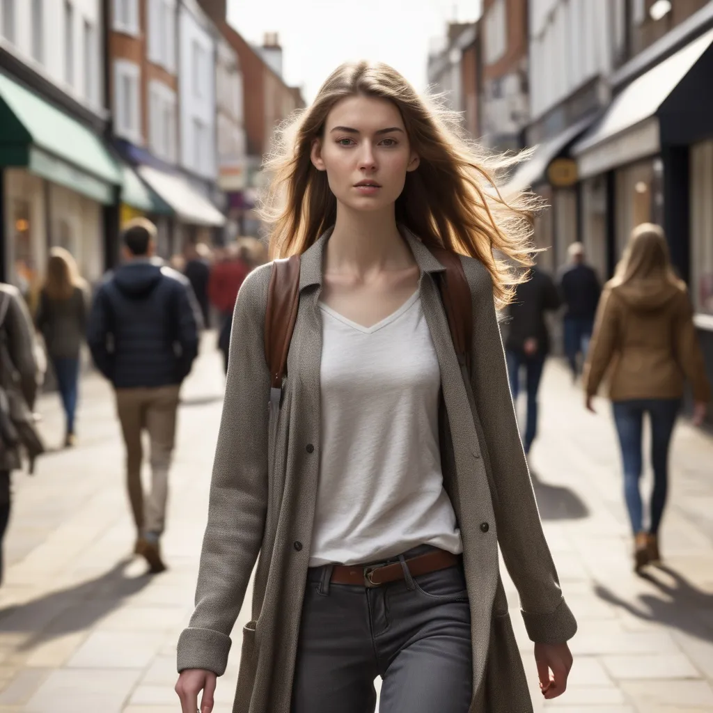 Prompt: Tall young woman walking down the high street, detailed clothing, realistic, natural lighting