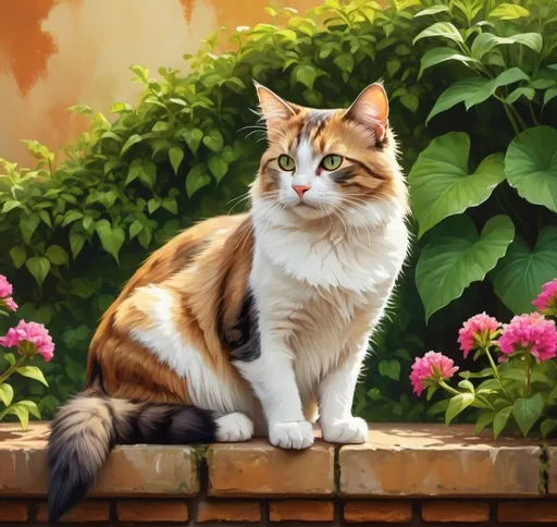 Prompt: High-resolution digital painting of a graceful cat, sitting on a lush garden wall, detailed fur with warm highlights, serene expression, vibrant and vivid colors, realistic style, natural lighting