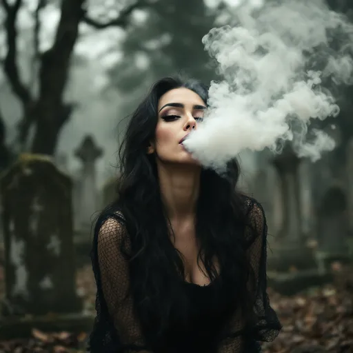 Prompt: A woman standing in a graveyard, she is smoking a cigarette. She is pretty but wears a lot of makeup. She is holding a cigarette elegantly.She is blowing out a large cloud of cigarette smoke from her lips.