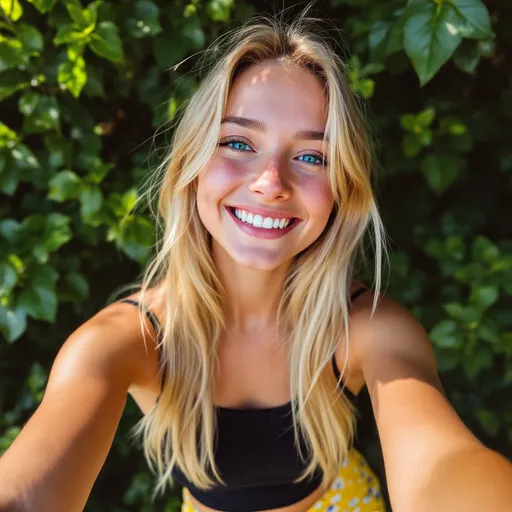 Prompt: A young woman captures a vibrant selfie, showcasing her bright blue eyes and cheerful smile against a lush backdrop of greenery. Her long, blonde hair frames her face softly as the sunlight highlights her features, adding a warm glow to her skin. Dressed in a snug black top with thin straps, she pairs it with floral yellow shorts, creating a lively summer vibe. The composition focuses on her engaging expression and playful pose, inviting a sense of joy and confidence. The overall atmosphere of the image is lighthearted and carefree, evoking the spirit of a sunny day outdoors.