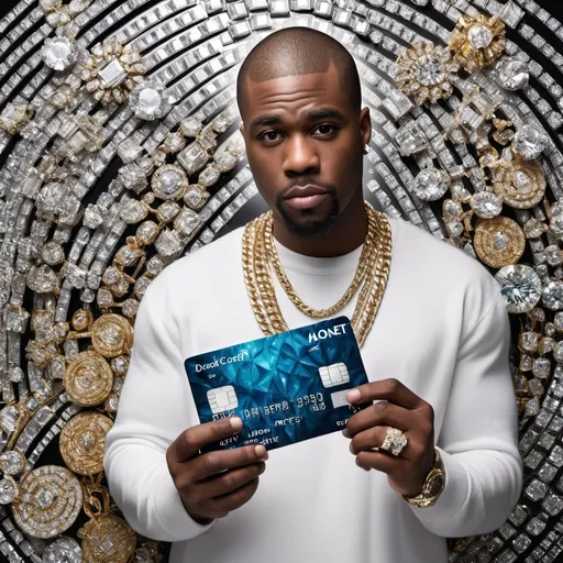 Prompt: picture of a man holding a huge diamond credit card surrounded by lots of monet and wearing lots of diamond jewellery like a rapper
