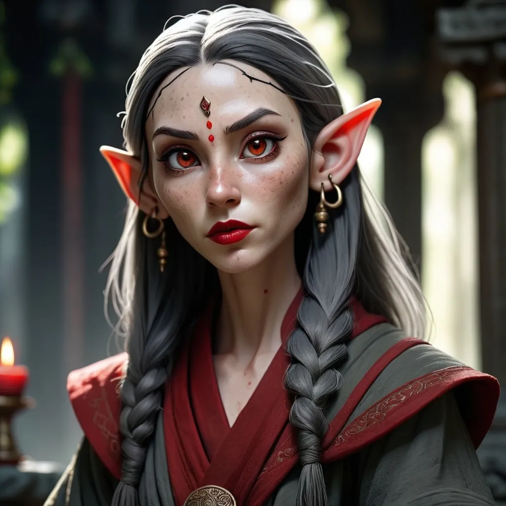 Prompt: (fantasy image of a female elf monk), an older character with distinctive features (long dark grey hair), (freckles), (brown eyes), (red lips),  and (facial scars), wearing monk robes in shades of (black and grey), adorned with multiple ear piercings (dramatic lighting) casting deep shadows (moody ambiance) enhancing the dark color scheme, (intricate details) in the robes, (mysterious background) suggesting an ancient temple