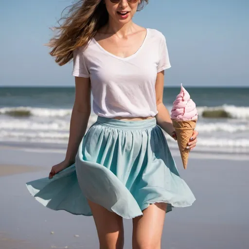 Prompt: Woman wearing a skirt at the beach while the wind is blow the ice cream