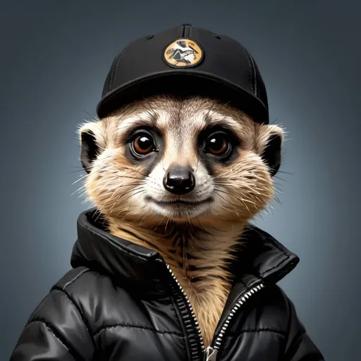 Prompt: a meerkat wearing a black puffer jacket and a black baseball cap in a realistic theme