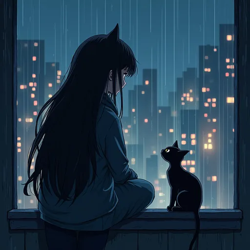 Prompt: cat girl , blacklong hair , she is looking at city with little black cat , night mode , rain