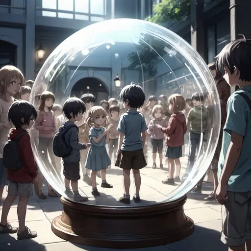 Prompt: Anime sketch of a child in a glass ball trying to interact with people outside, surrounded by other people, highres, anime, sketch, dramatic lighting, cool tones,