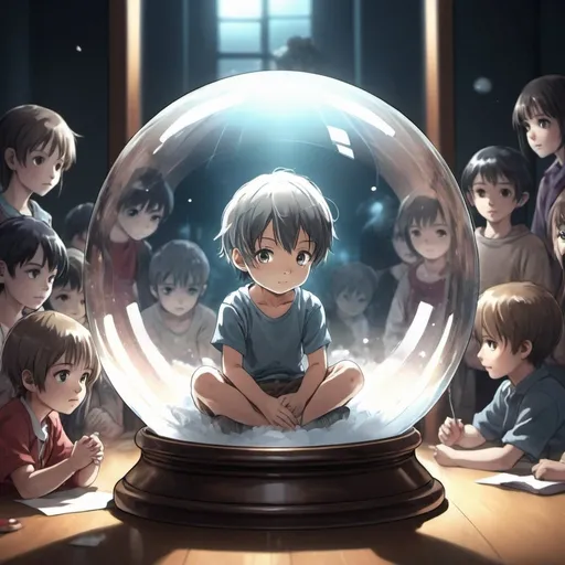 Prompt: Anime sketch of a child in a glass ball, surrounded by other people, highres, anime, sketch, dramatic lighting, cool tones