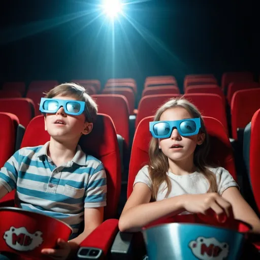 Prompt: A boy and a girl watch a 3D movie in cinema
