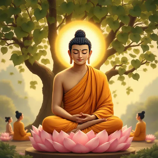 Prompt: A realistic and sacred depiction of Siddhartha Gautama (Buddha) peacefully teaching under the Bodhi tree. He is seated in lotus position on a simple lotus pedestal, wearing a flowing saffron-orange robe draped over one shoulder. His face is serene and radiant, with gentle, half-closed eyes, a soft smile, long earlobes, and snail-shell curls with a symbolic topknot (ushnisha). A warm golden halo glows behind his head. Surrounding him are a few attentive disciples seated respectfully, listening in stillness. The Bodhi tree behind him is lush, its heart-shaped leaves gently swaying. The background shows a calm natural setting with soft golden light filtering through the leaves. The style is spiritual, detailed, and reverent, inspired by traditional East Asian Buddhist temple art, with a warm and peaceful color palette.