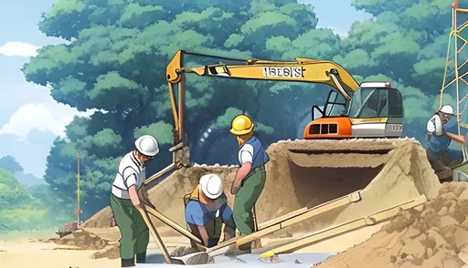 Prompt: A construction team laying foundations, by Studio Ghibli.