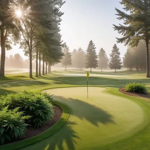 Prompt: Cannabis plants and trees lining a dogleg golf fairway in the morning with dew on the grass and a light mist in the background
