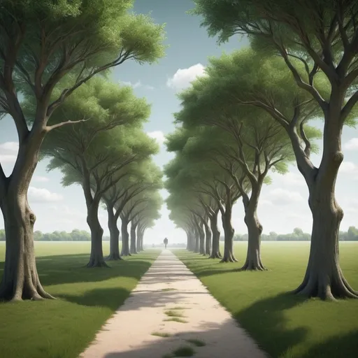Prompt: A hallway of tall branching trees over a smooth grass field with a small object centered at the end of the hallway. In a photorealistic style on a windy day
