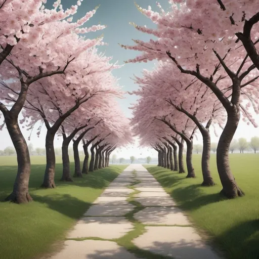 Prompt: A hallway of tall branching cherry blossom trees over a smooth grass field with a small object centered at the end of the hallway. In a photorealistic style on a windy day
