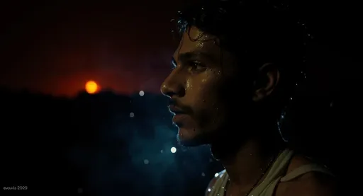 Prompt: > "Close-up of the left half of a young Chittagonian man's face, soaked in rain, mist and light fog around him, wet hair, raindrops and droplets on his skin, glowing fireflies and distant red-orange light from left, dramatic contrast and deep shadow on the right, wearing a thin panjabi or towel on shoulder, background of dark hill silhouette, 3:4 cinematic frame."
