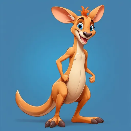 Prompt: Disney style full-length kangaroo with orange hair, muscles and a happy smile and big expressive blue eyes, vibrant colors, no background