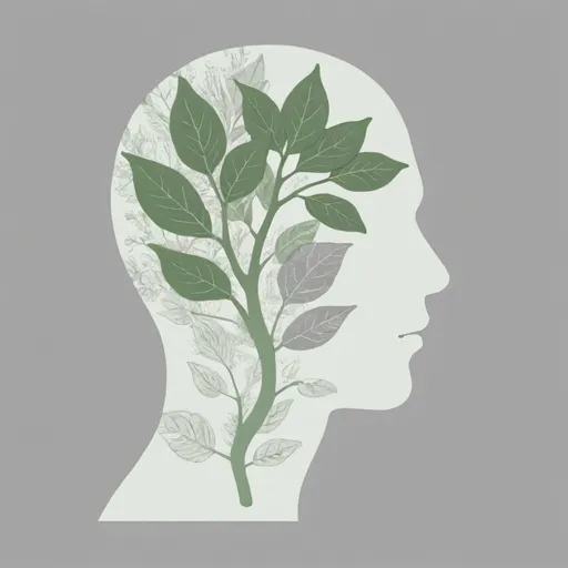 Prompt: An outline of a human head facing left. In grey colours. Show a growing plant inside of the head in subtle green colours.