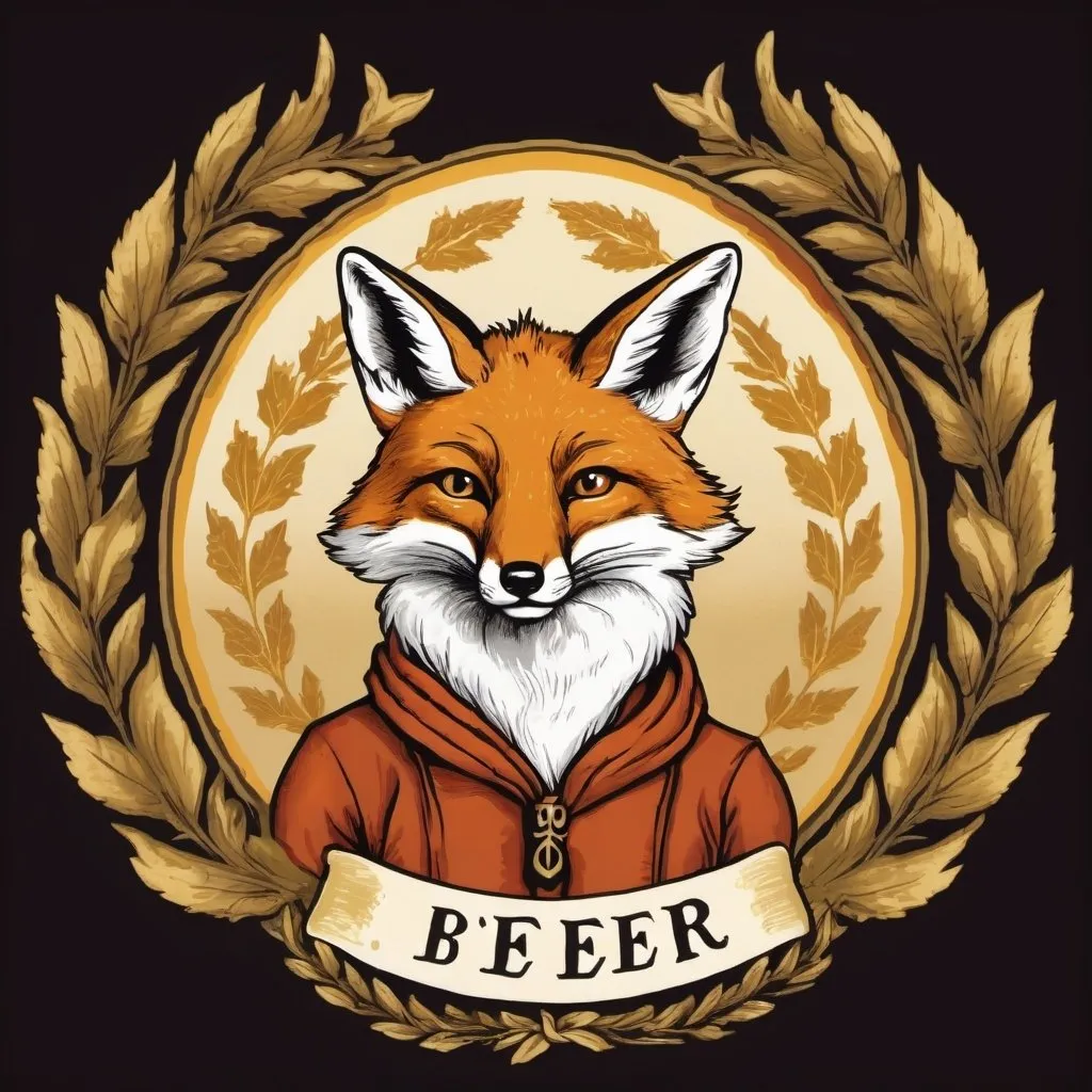 Prompt: A beer label, the main caracther of which is a fox with anteled. The fox should wear a stag's antlers. A golden laurel wreath can be around the fox.