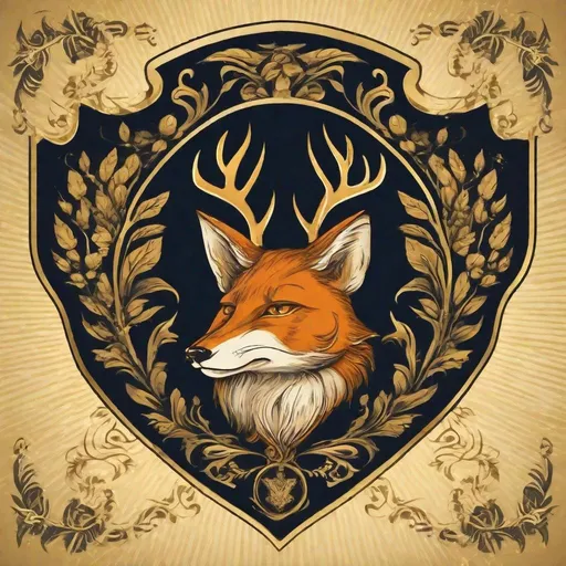 Prompt: Beer label form the shape of a shield. The main motif is a fairy-tale fox. This fox has 2 antlers on its head, like a deer.
In an old-fashioned representation, you can use gold color. and laurel wreath background..