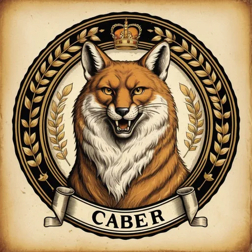 Prompt: A beer label, the main caracther of which is a fox with anteled. The fox should wear a stag's antlers. A golden laurel wreath can be around the fox.