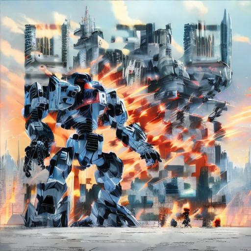 Prompt: masterpiece, best quality, mecha, no humans, black armor, blue eyes, science fiction, fire, laser canon beam, war, conflict, destroyed city background