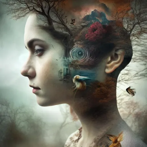 Prompt: Create an attractive double exposure photograph, add surrealism, where animals and organic aspects are exposed in between and human faces of women and from their eyes emerge clouds and artifacts such as screens.