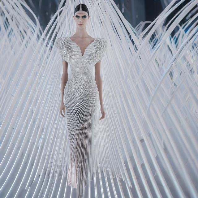 Prompt: Works by santiago calatrava, exhibited in catwalk dresses, at the 2024 catwalk in Paris, taking into account the futuristic and enigmatic touch of the graphics, hyper-realistic, with volumes and in close up.